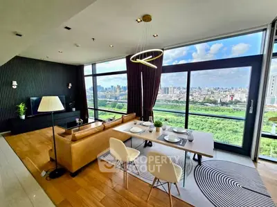 Luxurious living room with panoramic city view and modern decor