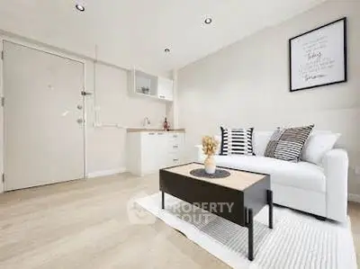 Modern minimalist living room with cozy white sofa and stylish decor