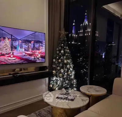 Luxurious living room with festive Christmas decor and stunning night city view.