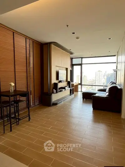 Spacious modern living room with city view and elegant decor