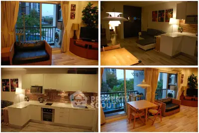 Modern apartment interior with open kitchen and cozy living area overlooking a pool view.