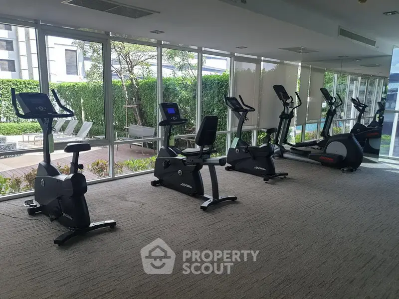 Modern gym with exercise bikes and large windows overlooking garden area.