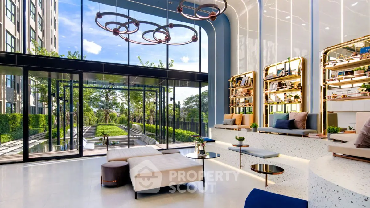 Luxurious modern living room with floor-to-ceiling windows and elegant decor