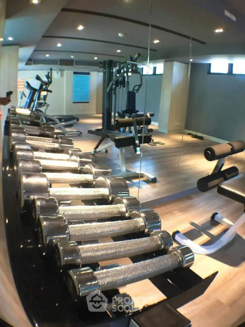 Modern gym with state-of-the-art equipment and mirrored walls in luxury residential building.