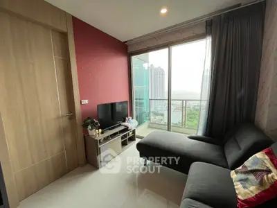 Modern living room with city view and stylish furniture