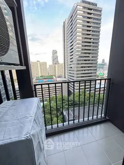 Modern balcony with city view in high-rise building