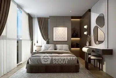 Luxurious modern bedroom with elegant decor and large windows