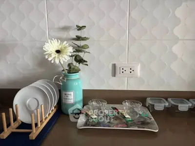 Charming kitchen counter with stylish backsplash, dish rack, and decorative vase, perfect for modern living.