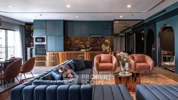 Luxurious modern living room with stylish furniture and open kitchen layout, perfect for entertaining.