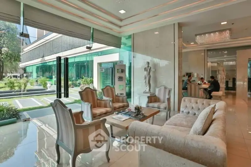 Luxurious modern living room with elegant furniture and garden view