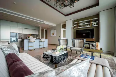 Luxurious modern living room with open kitchen and elegant decor
