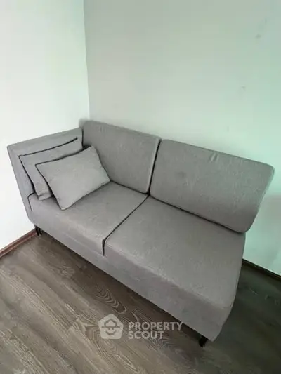 Modern gray sofa in a minimalist living room with wooden flooring.