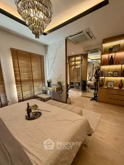 Luxurious bedroom with elegant decor and modern lighting
