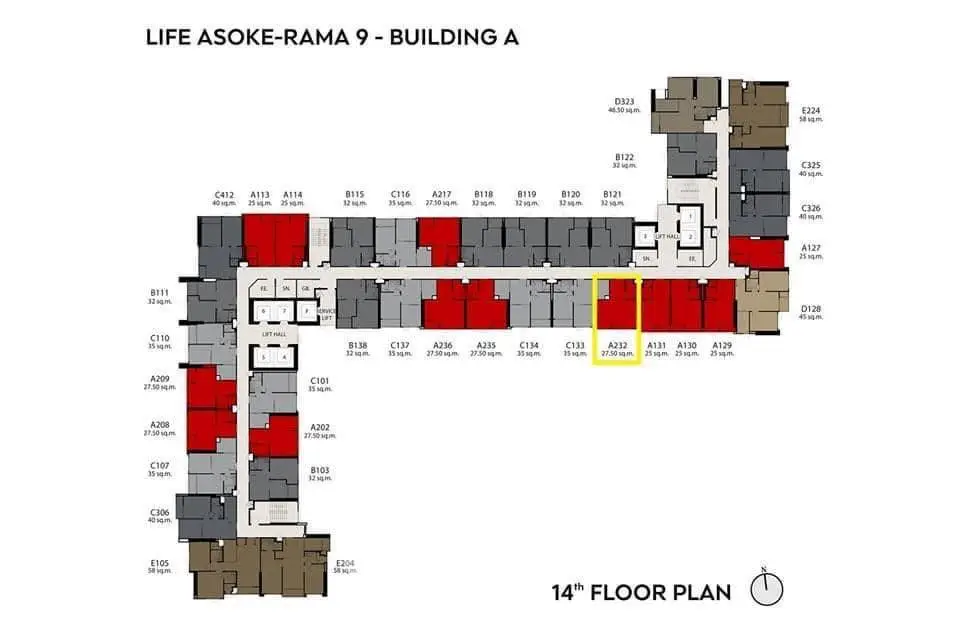 14th floor plan of Life Asoke-Rama 9 Building A with unit layout.