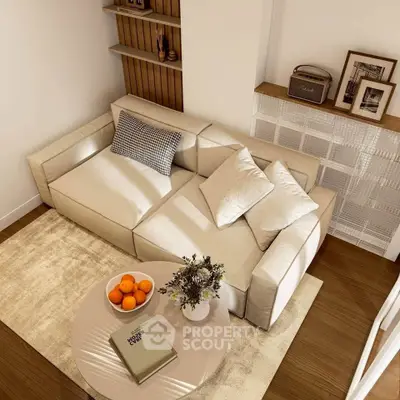 Cozy living room with modern beige sofa and stylish decor