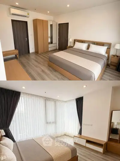 Spacious modern bedroom with elegant wooden furniture and large windows for natural light.