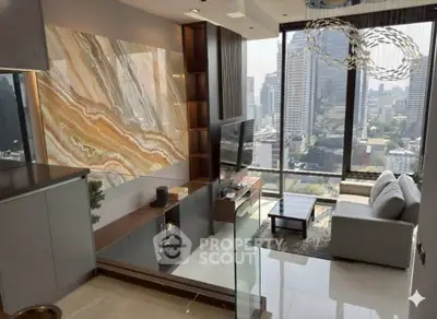 Luxurious modern living room with stunning city view and elegant decor