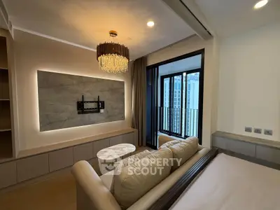 Luxurious bedroom with elegant lighting and city view balcony