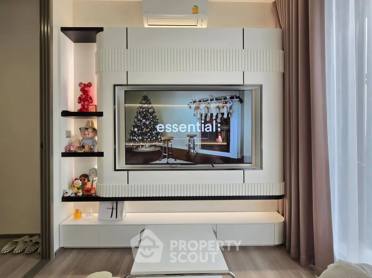 Modern living room with stylish entertainment center and cozy decor