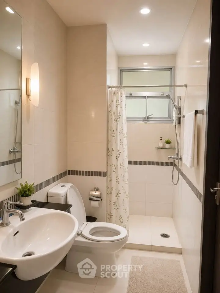 Modern bathroom with elegant fixtures and shower curtain in a stylish apartment.