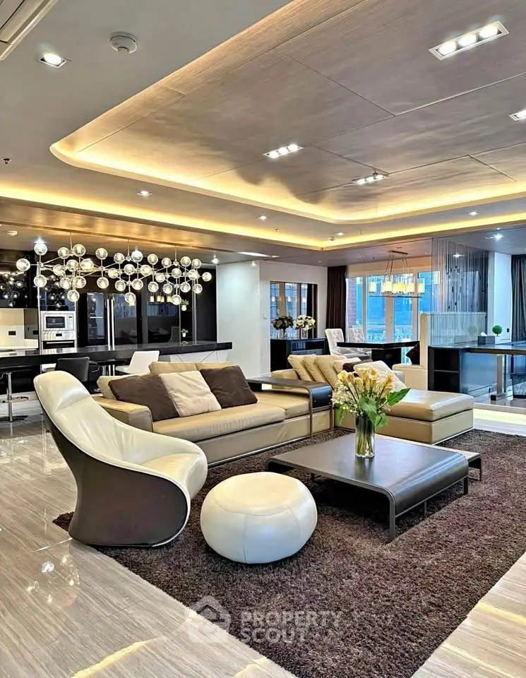 Luxurious modern living room with elegant lighting and stylish furniture