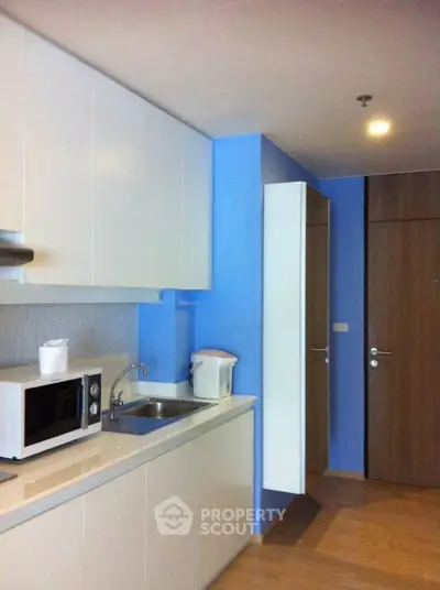 Modern kitchen with sleek cabinets and microwave in a cozy apartment