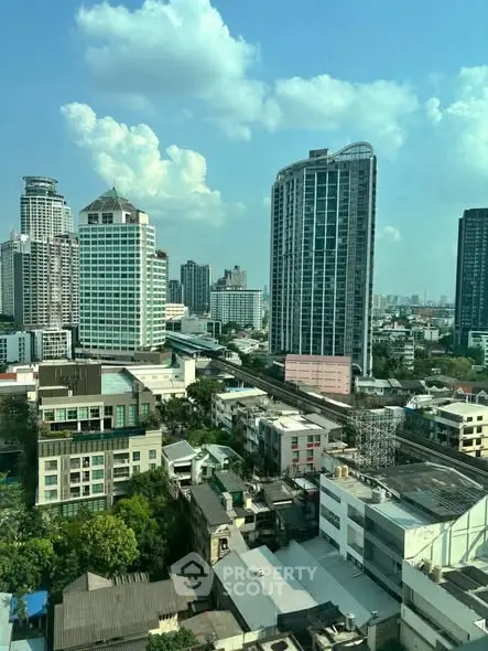 Stunning cityscape view showcasing modern high-rise buildings under a clear blue sky.