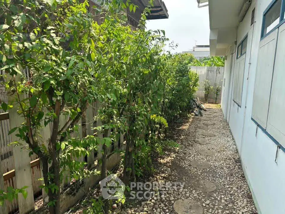 Charming garden pathway with lush greenery beside a modern building exterior.