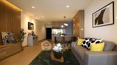 Modern living room with stylish decor and open kitchen layout