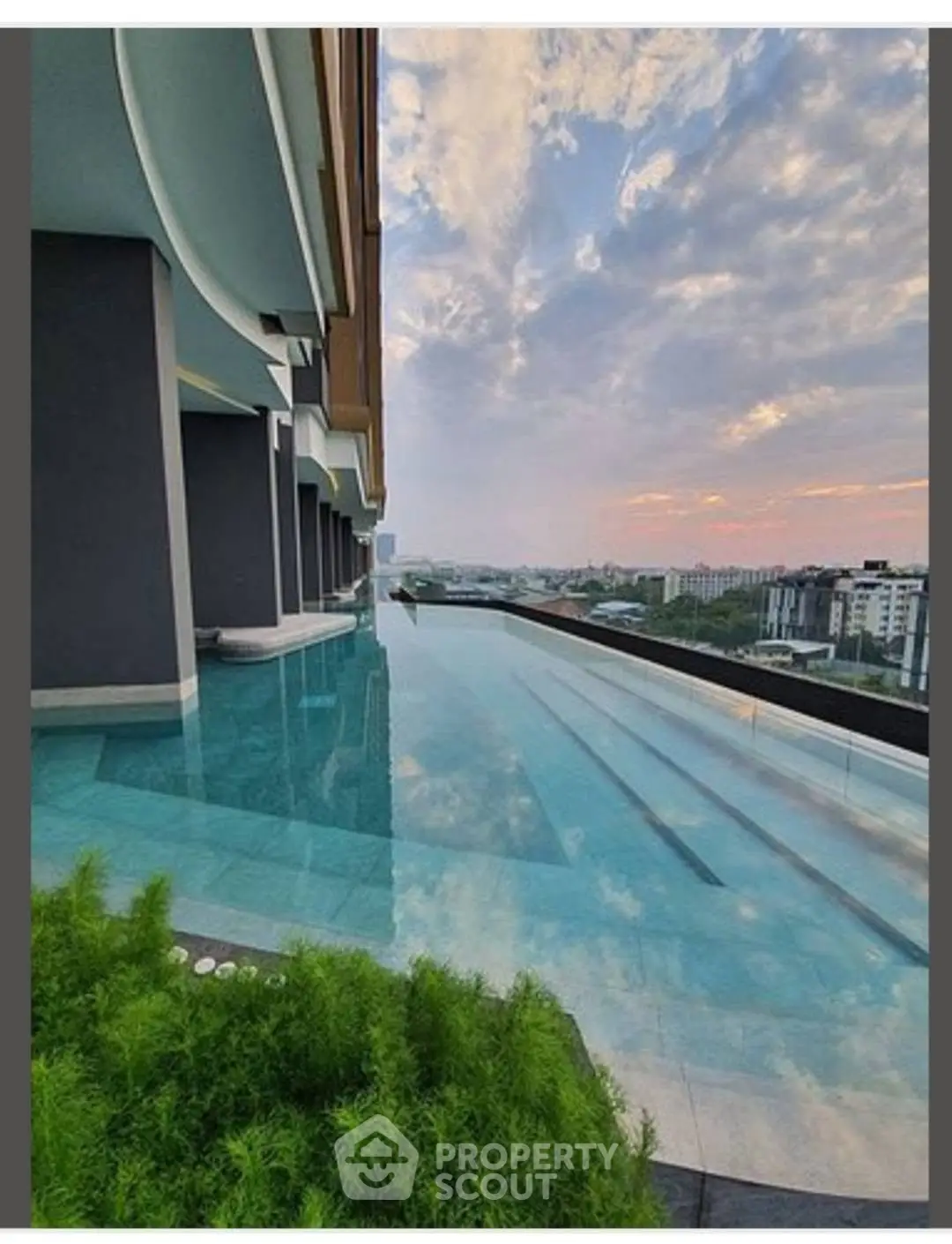 Luxurious rooftop infinity pool with stunning cityscape view at sunset.