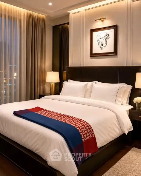 Luxurious bedroom with elegant decor and city view, featuring a plush bed and ambient lighting.