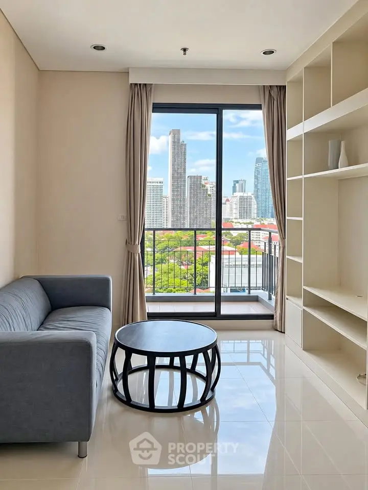 Modern living room with city view, featuring sleek furniture and floor-to-ceiling windows.