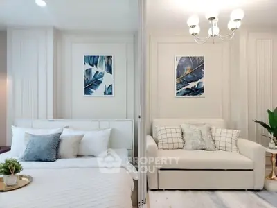 Elegant bedroom with cozy seating area and stylish decor