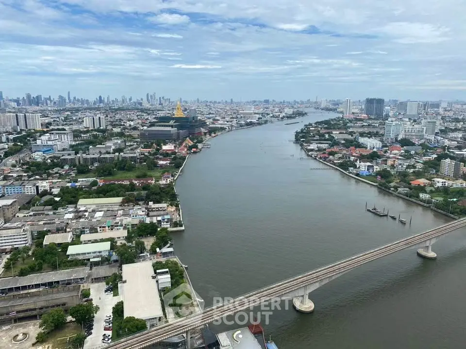 Stunning aerial view of a cityscape with a river and bridge, showcasing urban living and skyline.