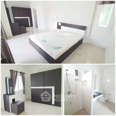 Modern bedroom with sleek furniture and ensuite bathroom in a bright, minimalist design.