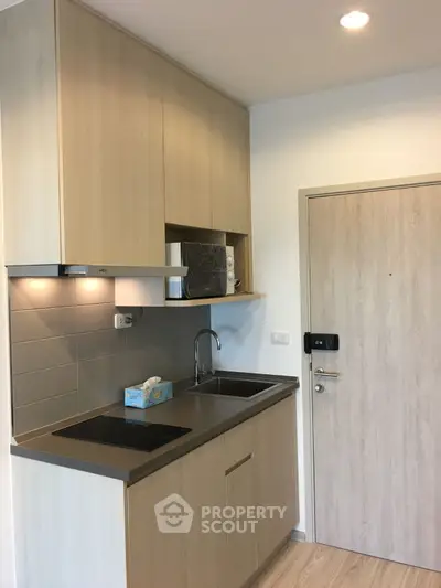 Modern compact kitchen with sleek cabinetry and built-in appliances