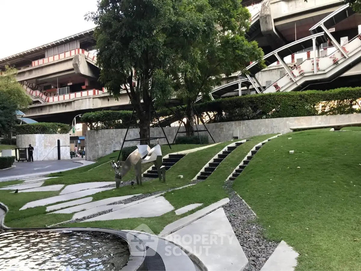 Modern urban garden with unique architecture and lush greenery