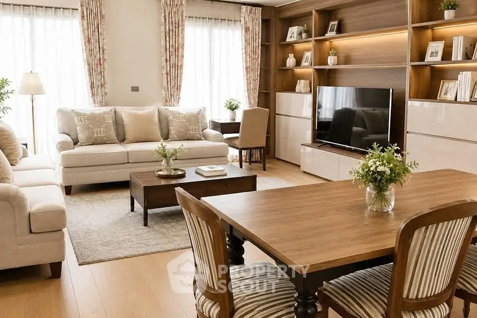 Elegant living room with stylish furniture and built-in shelving, perfect for modern living.