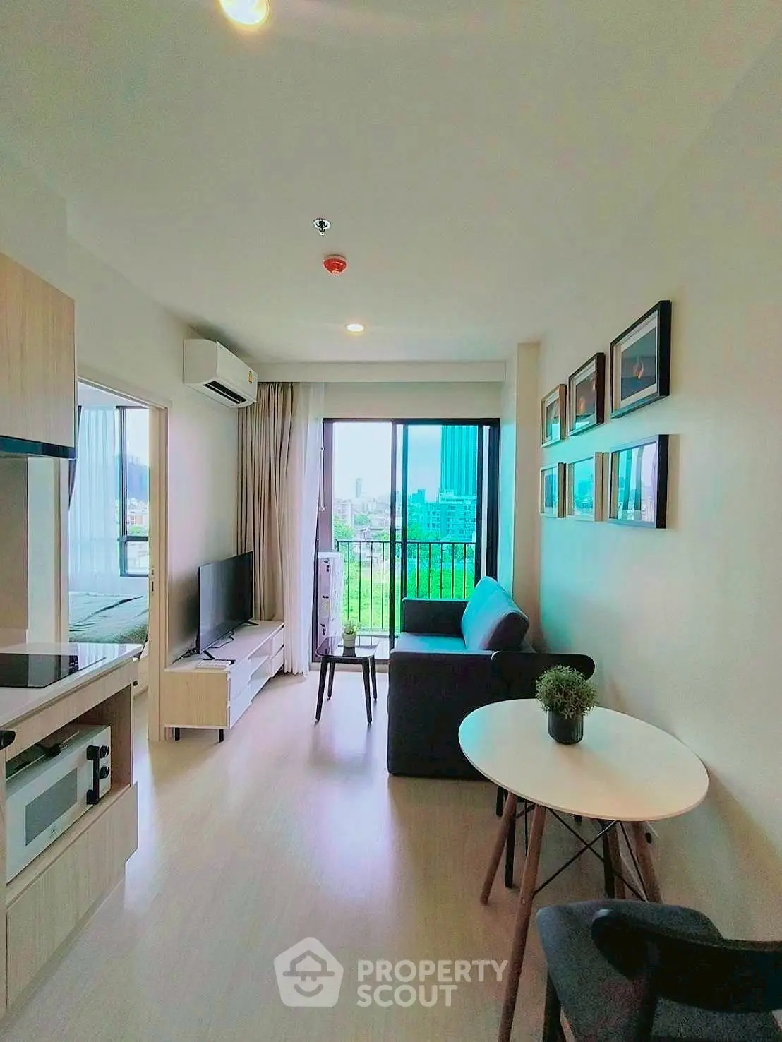 Modern living room with balcony view in a stylish apartment