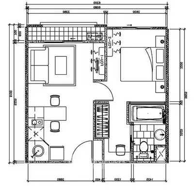 Detailed floor plan of a modern apartment with two bedrooms and open kitchen layout.