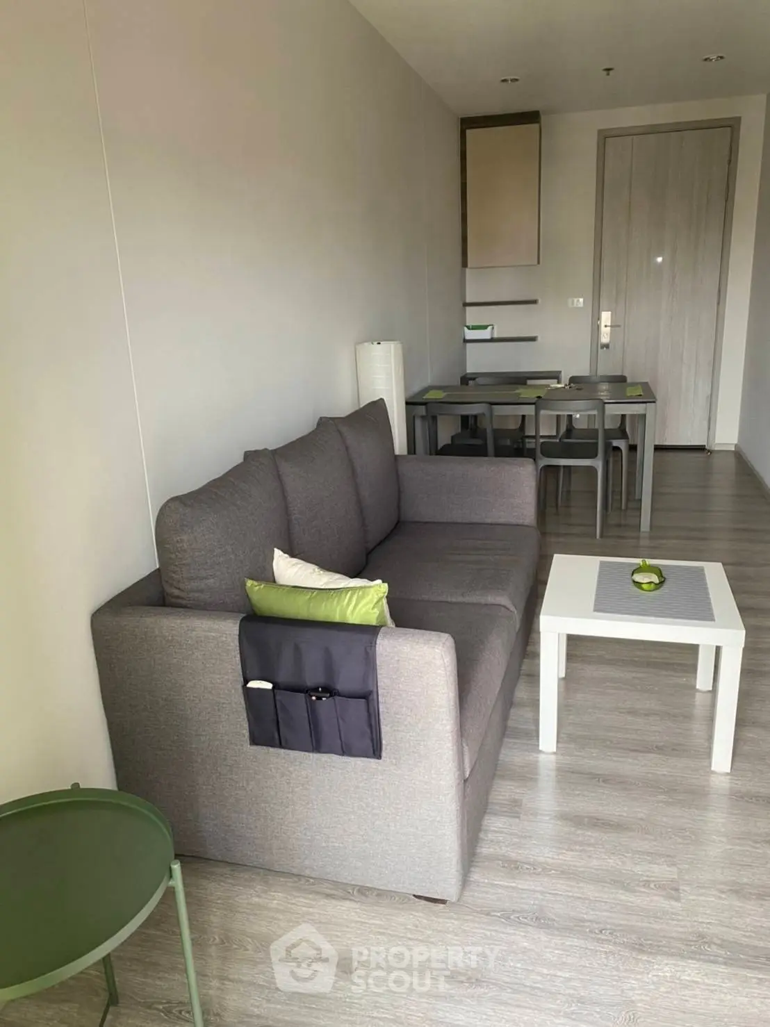 Modern living room with gray sofa and stylish decor in a cozy apartment.