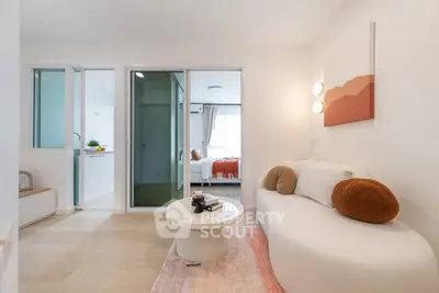 Modern living room with cozy sofa and stylish decor