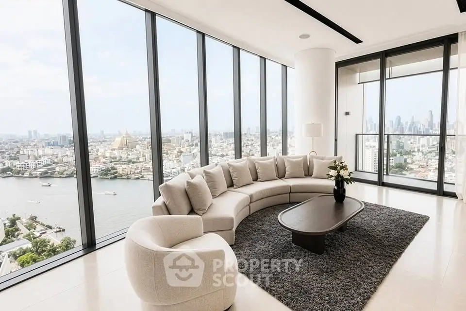 Luxurious corner unit living room with panoramic city and river views, featuring elegant furniture and floor-to-ceiling windows.