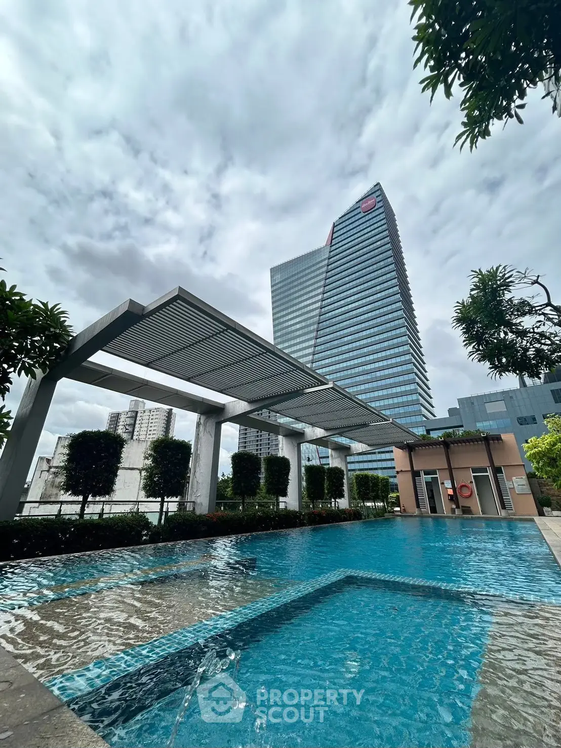 Luxurious rooftop pool with stunning cityscape view, modern architecture, and lush greenery.