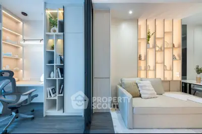 Modern living room with stylish shelving and cozy seating area