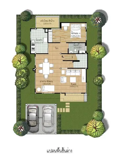 Detailed floor plan of modern home with garden and parking space