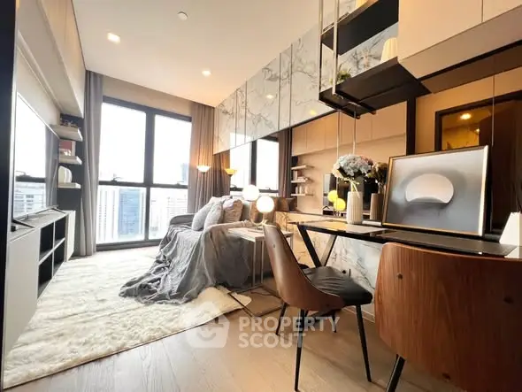 Modern living room with city view, stylish decor, and cozy ambiance.