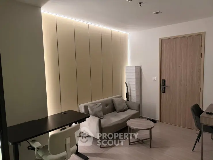 Modern living room with sleek furniture and ambient lighting