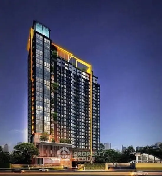 Stunning modern high-rise building with unique architectural design and vibrant city backdrop.