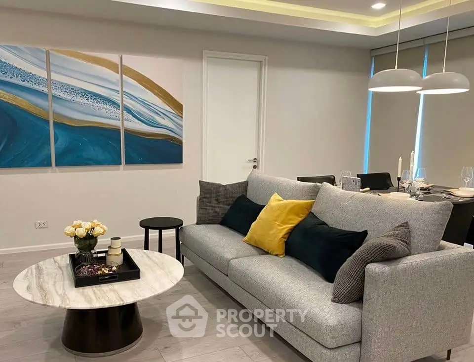 Modern living room with stylish decor and cozy seating area